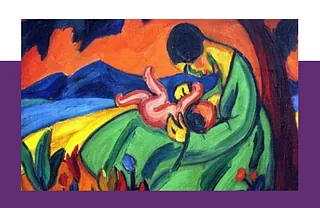 Ölgemälde Frau mit Kind auf dem Schoss, Säugling wird gestillt, gemalt in expressivem Stil und grellbunt