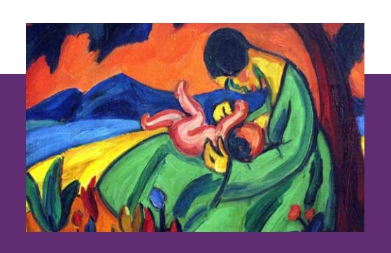 Ölgemälde Frau mit Kind auf dem Schoss, Säugling wird gestillt, gemalt in expressivem Stil und grellbunt